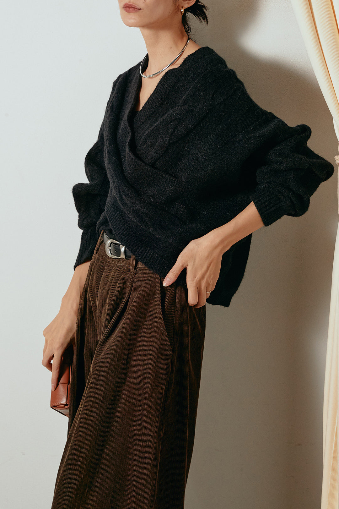 [SET]ケーブルカシュクールニットトップス+タック入りコーデュロイワイドパンツ(2set)