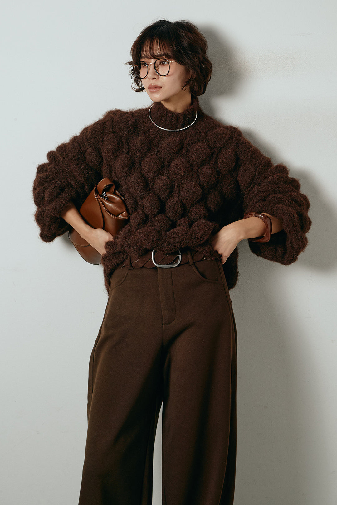 [SET]ボリュームポップコーンニットトップス+編みベルト付きワイドパンツ(2set)