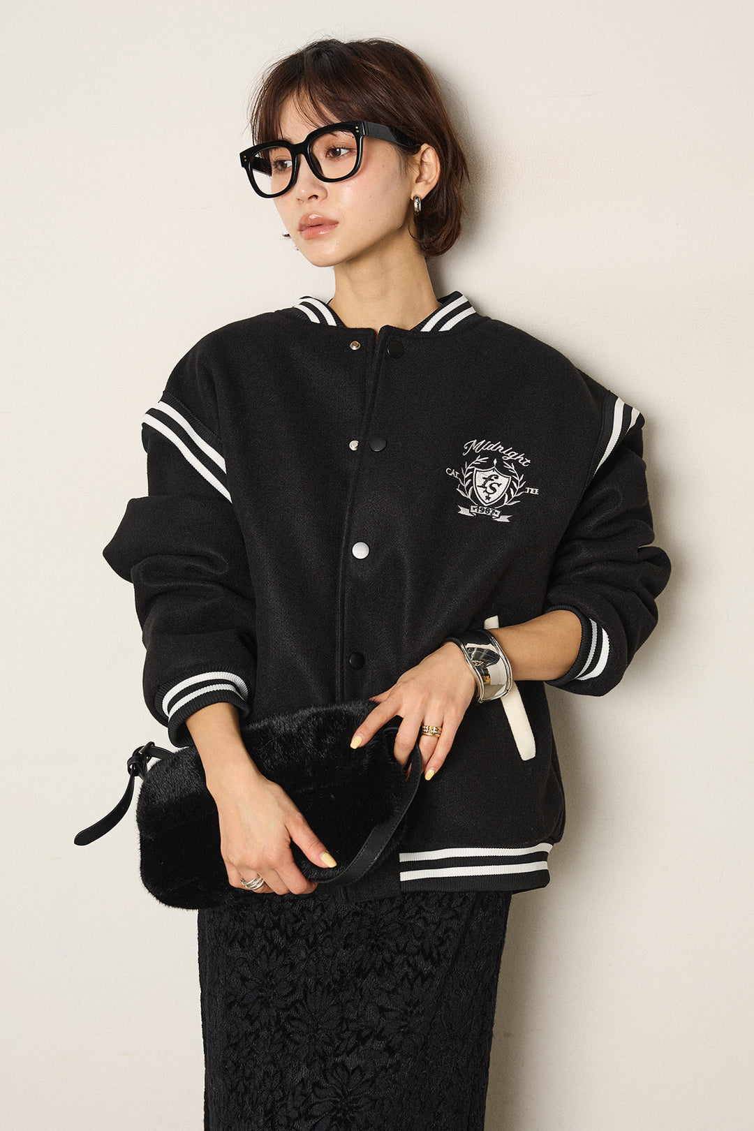 [SET]ワンポイントデザインブルゾン+花柄刺繍ベロアフレアスカート(2set)