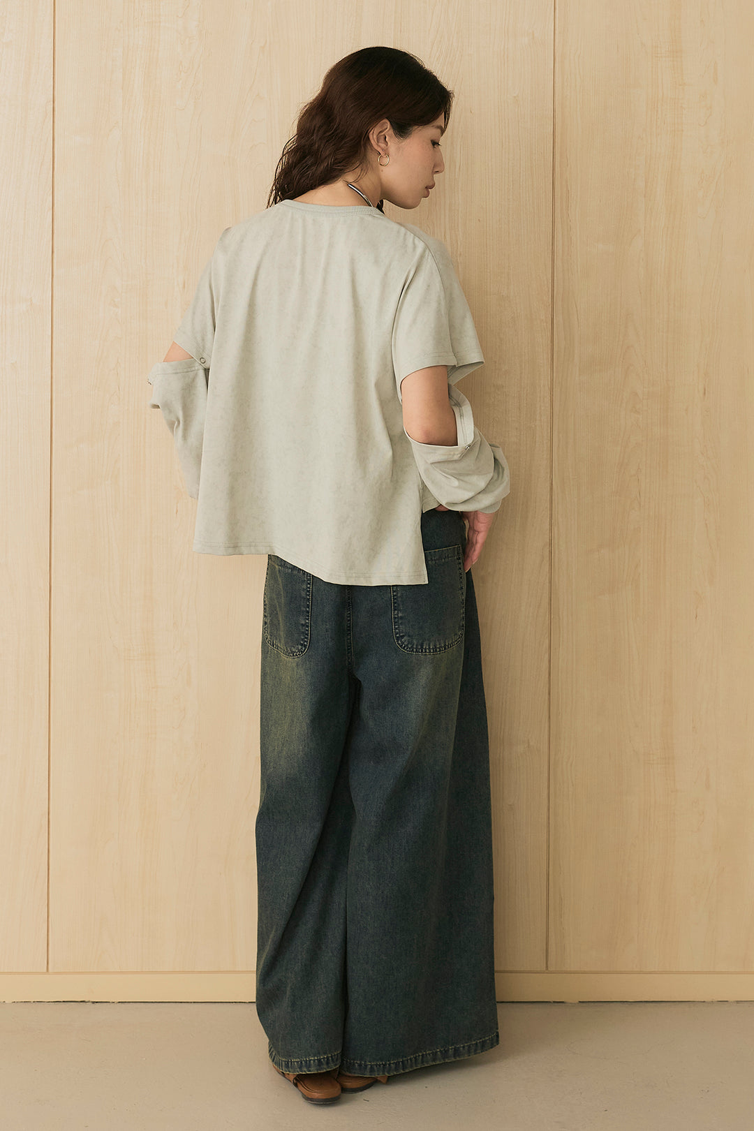 [SET]セパレートフェードTシャツ+ランダムダメージデニムワイドパンツ(2set)
