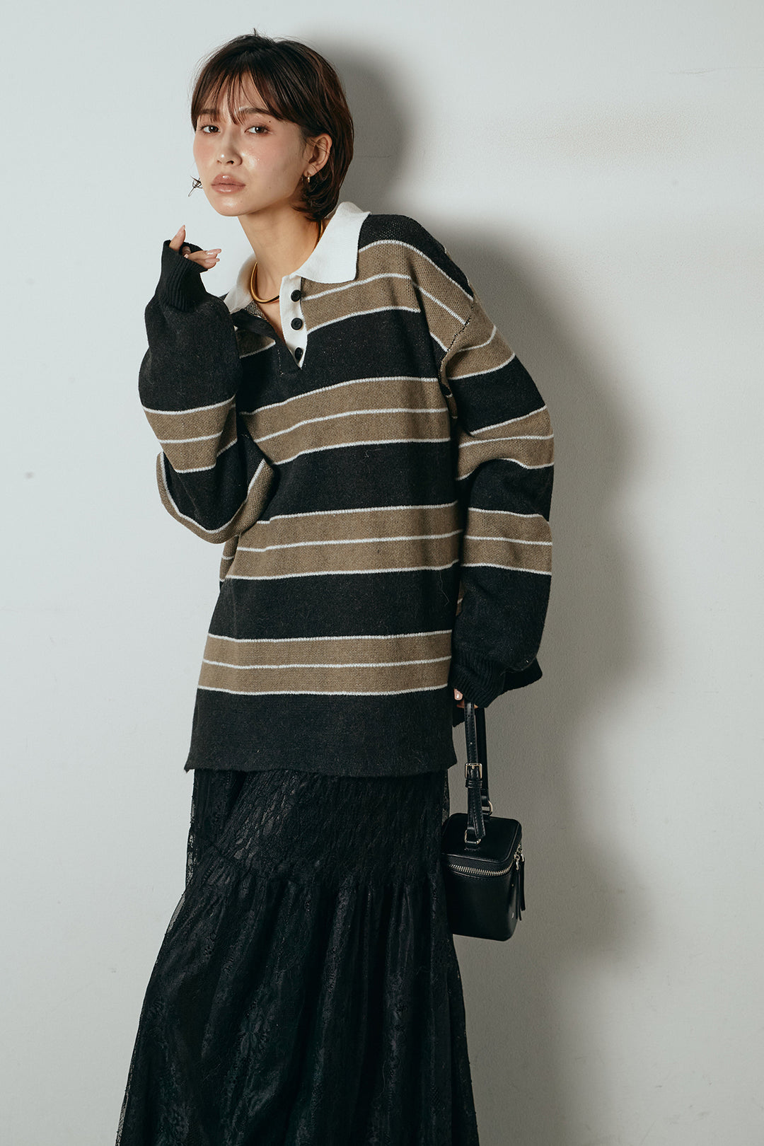 [SET]ラガーニットボーダーポロプルオーバー+ひげレース切替ロング丈スカート(2set)