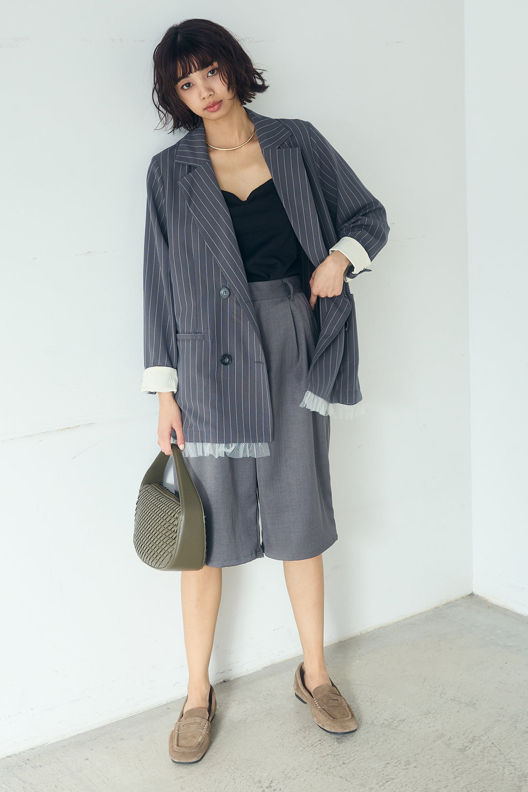 [SET]裾フリルダブルジャケット+ツイルタックハーフパンツ(2set)