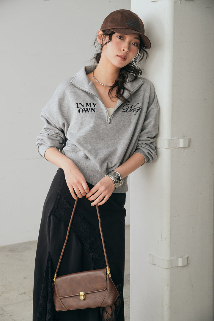 [SET]裏毛ロゴ刺繍ハーフZIPスウェット+刺繍レースデザインサテンスカート(2set)