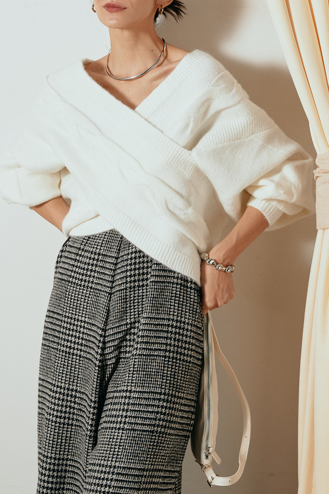 [SET]ケーブルカシュクールニットトップス+前後2wayグレンチェック柄スカーチョサロペット(2set)