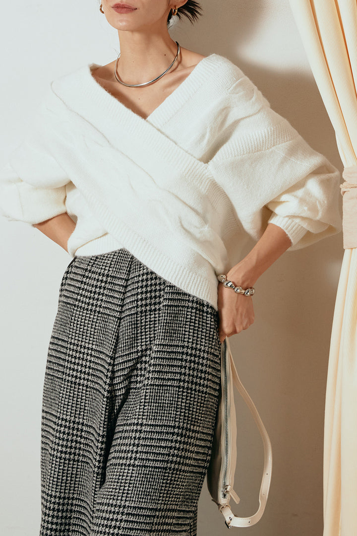 [SET]ケーブルカシュクールニットトップス+前後2wayグレンチェック柄スカーチョサロペット(2set)