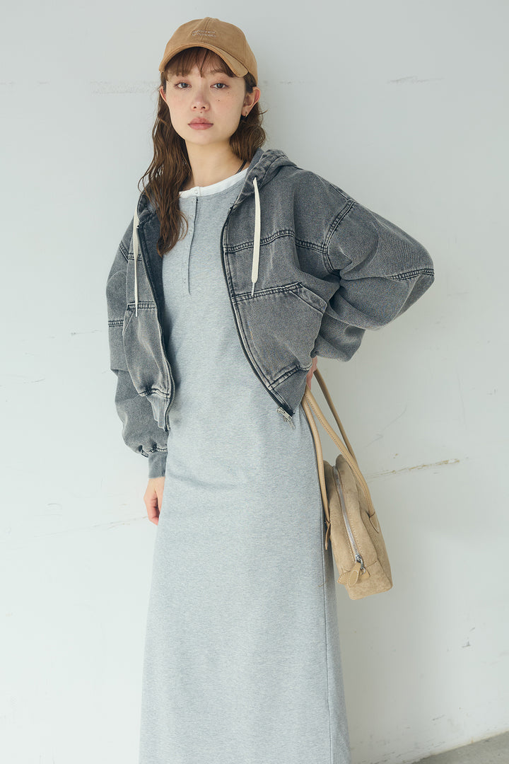 [SET]デニムダブルジップパーカーブルゾン+レイヤード見えヘンリーネックロングワンピース(2set)
