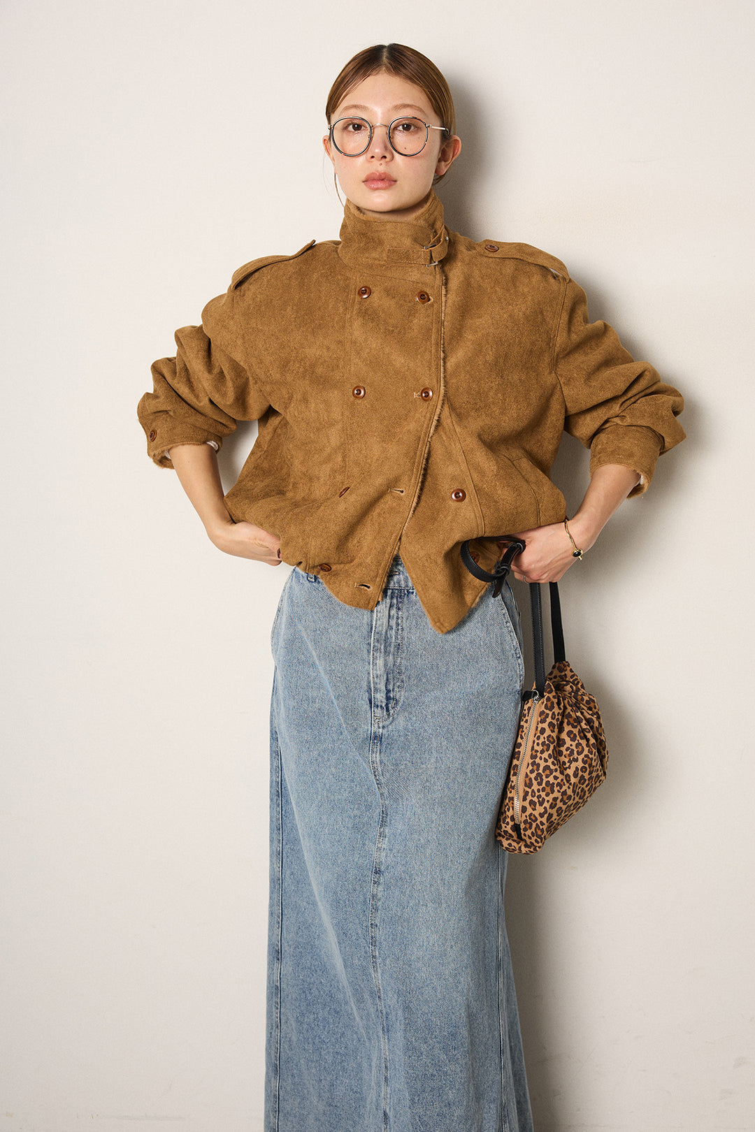 [SET]スタンド襟スウェードライクアウター+デニムロングフレアスカート(2set)