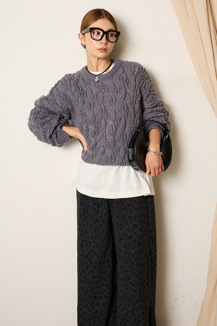 [SET]ケーブルリラックスショートニット+箔プリントBIGシルエットロングスリーブTシャツ+レオパードジャガードニットパンツ(3set)