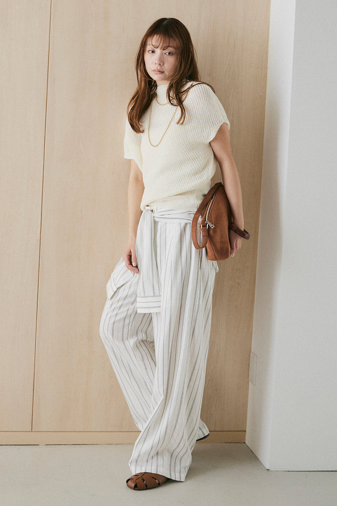 [SET]フレンチリブニットプルオーバー+ウエスト巻きピンストライプパンツ(2set)
