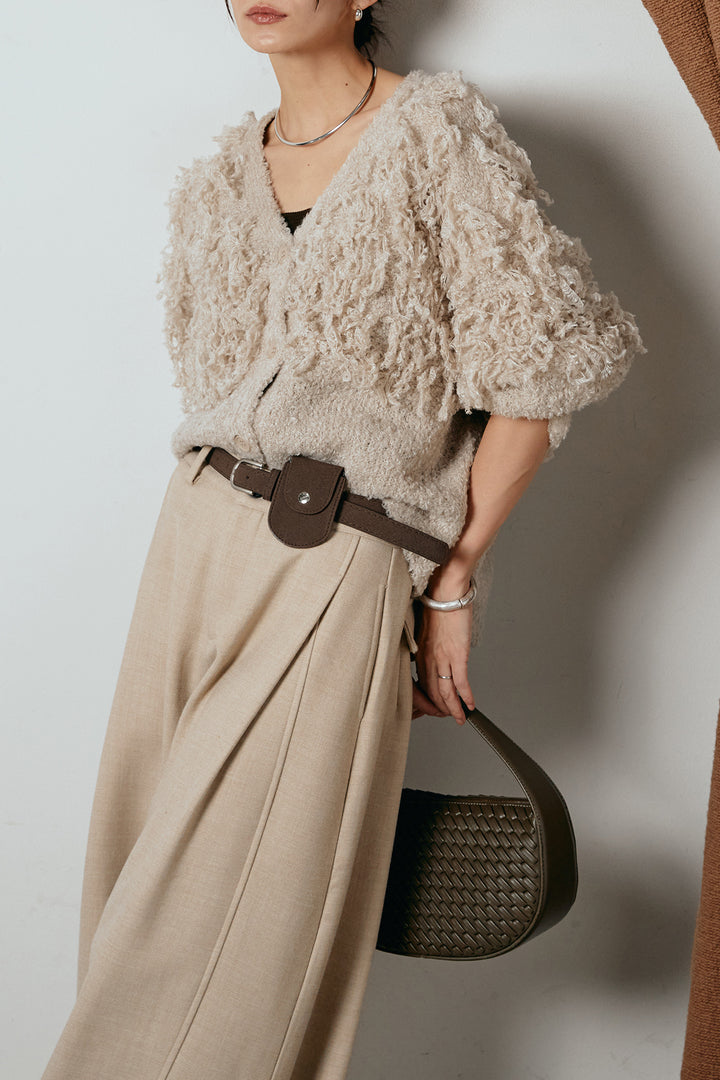 [SET]ループ編みVネックニットカーディガン+ポーチベルト付きカーブパンツ(2set)