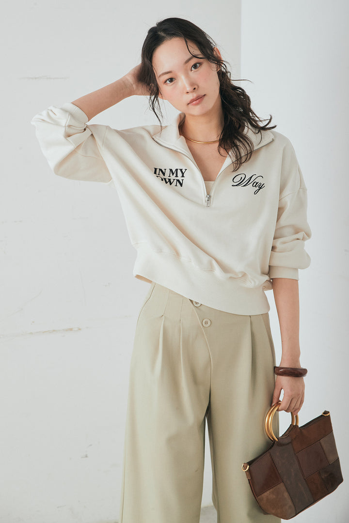 [SET]裏毛ロゴ刺繍ハーフZIPスウェット+斜めボタンタック入りスラックス(2set)