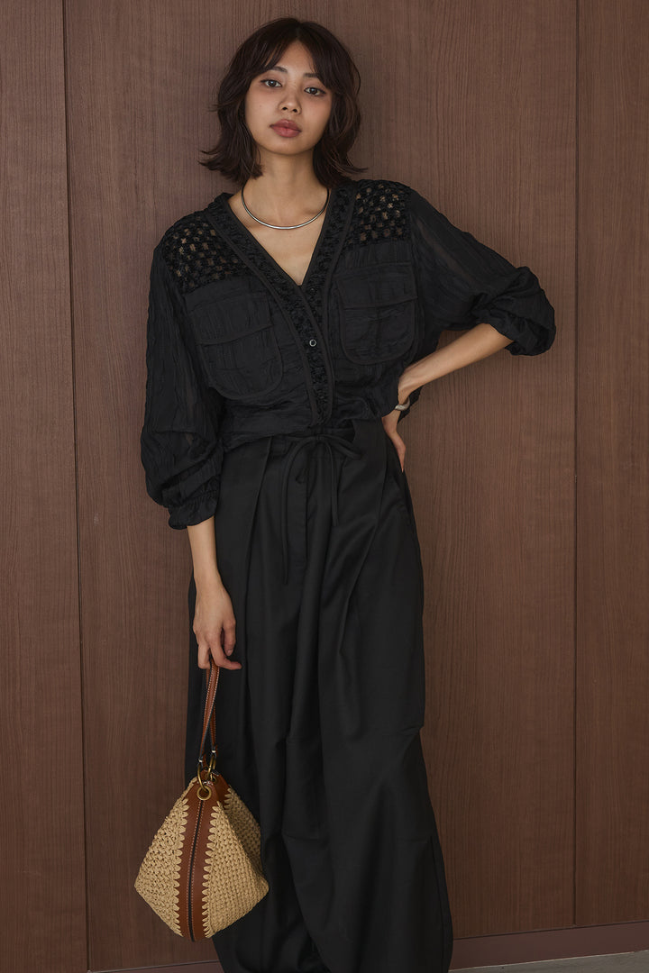 [SET]異素材切替シアーメッシュカーディガン+ベルトループワイドパンツ(2set)