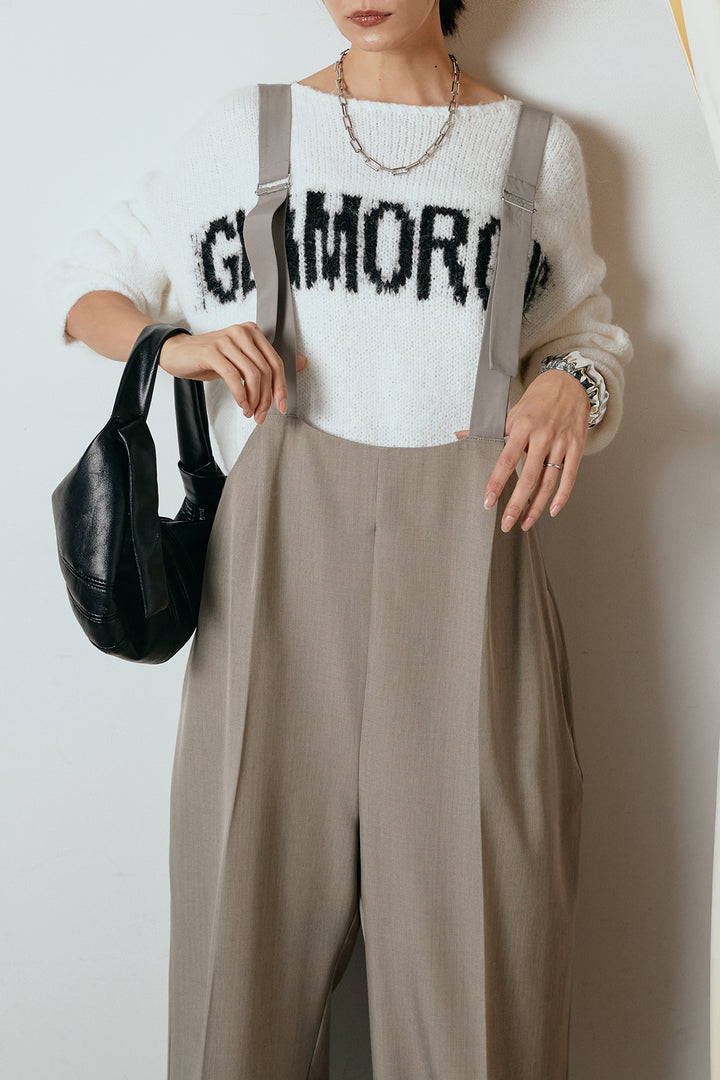 [SET]フロントロゴデザインニットトップス+ワイドツイルサロペット(2set)