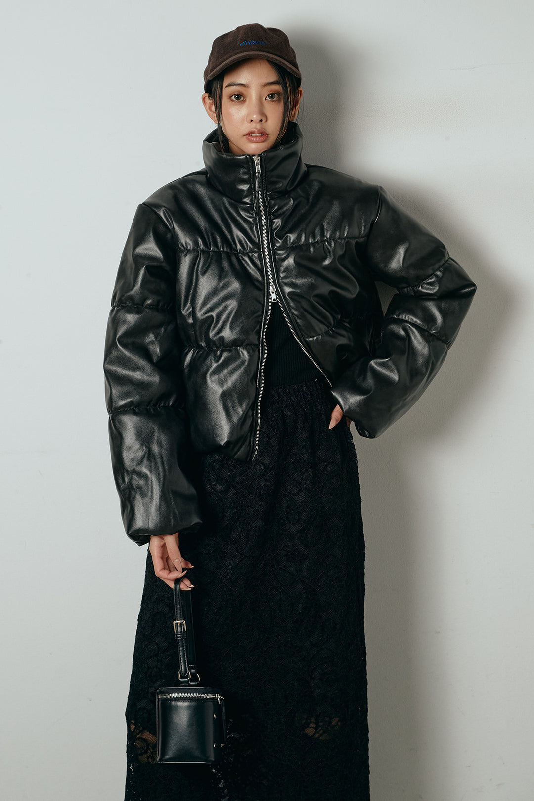 [SET]レザーライクWジップスタンドカラー中綿ブルゾン+総レース刺繍スカート(2set)