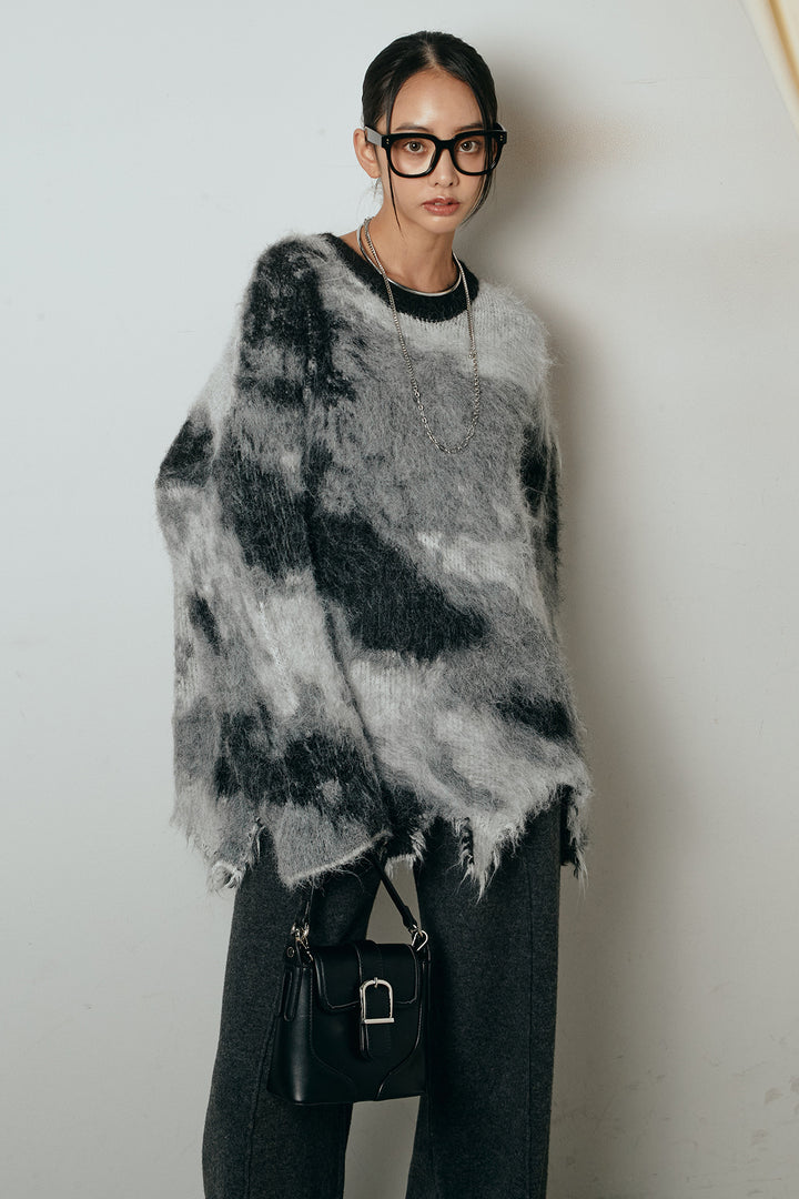 [SET]起毛裾デザインニュアンス柄ニットトップス+センターラインニットパンツ(2set)