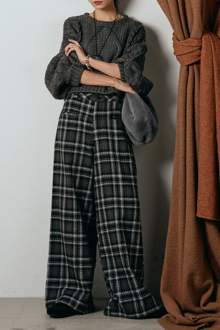 [SET]ロービングケーブルショート丈プルオーバー+ルーズタータンチェックワイドパンツ(2set)