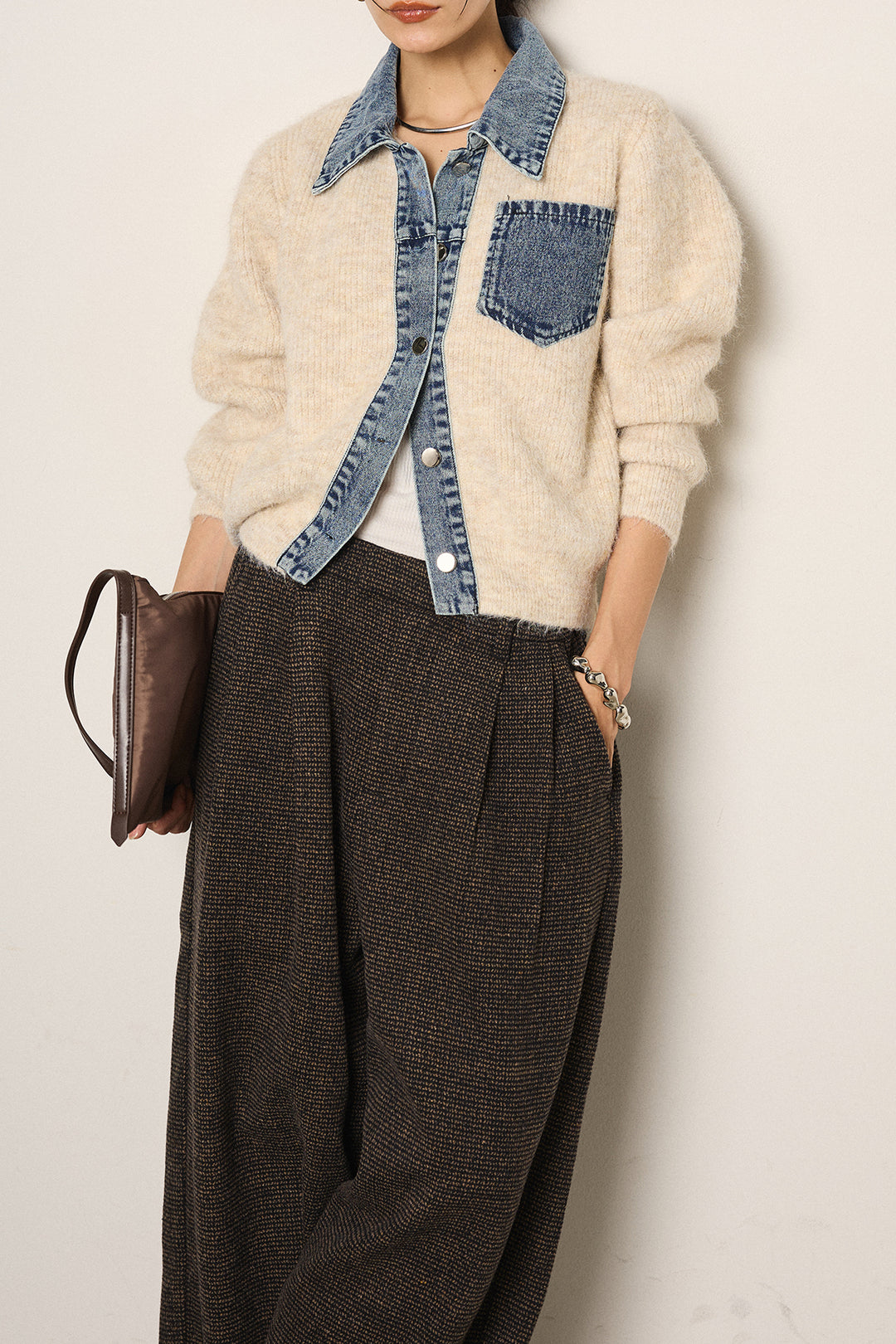 [SET]襟付きデニム切替ニットカーディガン+起毛タック入りツイードワイドパンツ(2set)