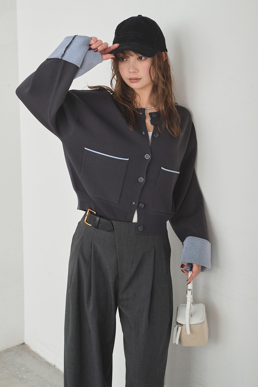 [SET]レーヨンポリダブルフェイスカーディガン+サイドベルトタック入りスラックス(2set)