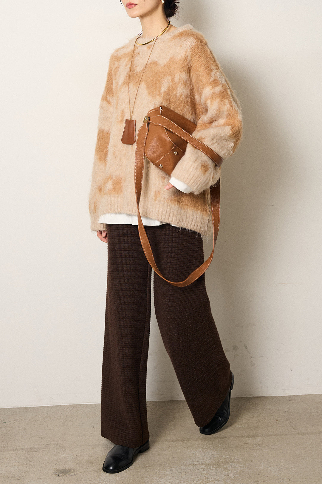 [SET]モヘアタッチマーブルニット+箔プリントBIGシルエットロングスリーブTシャツ+ワイドリブニットイージーパンツ(3set)