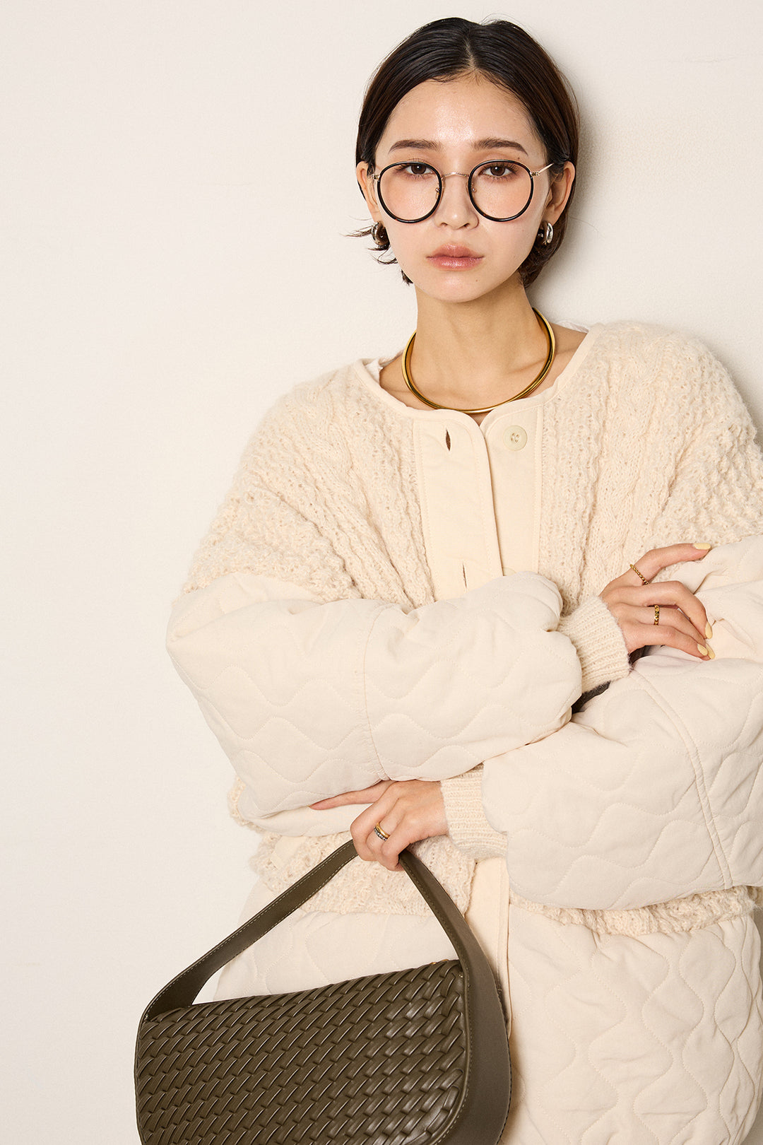 [SET]アラン編みニットノーカラー裾キルティングブルゾン+裏起毛スウェットワイドパンツ(2set)