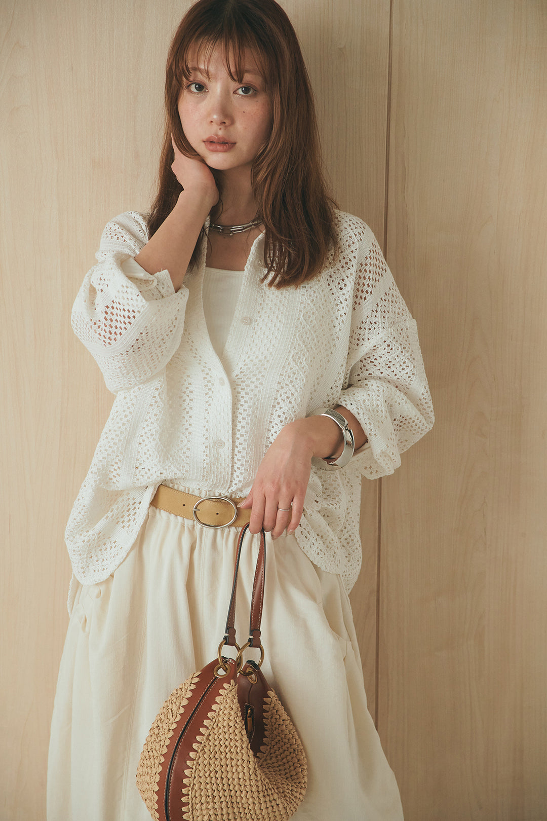 [SET]長袖襟付きレースシャツ+ポケットタックフォルムパンツ(2set)