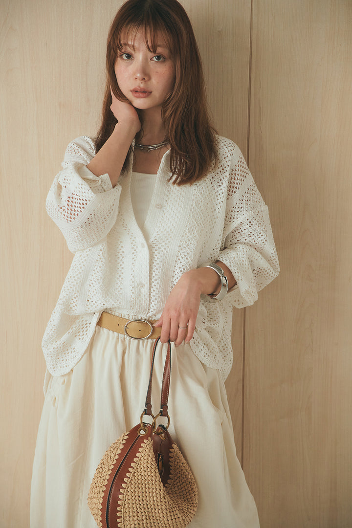 [SET]長袖襟付きレースシャツ+ポケットタックフォルムパンツ(2set)