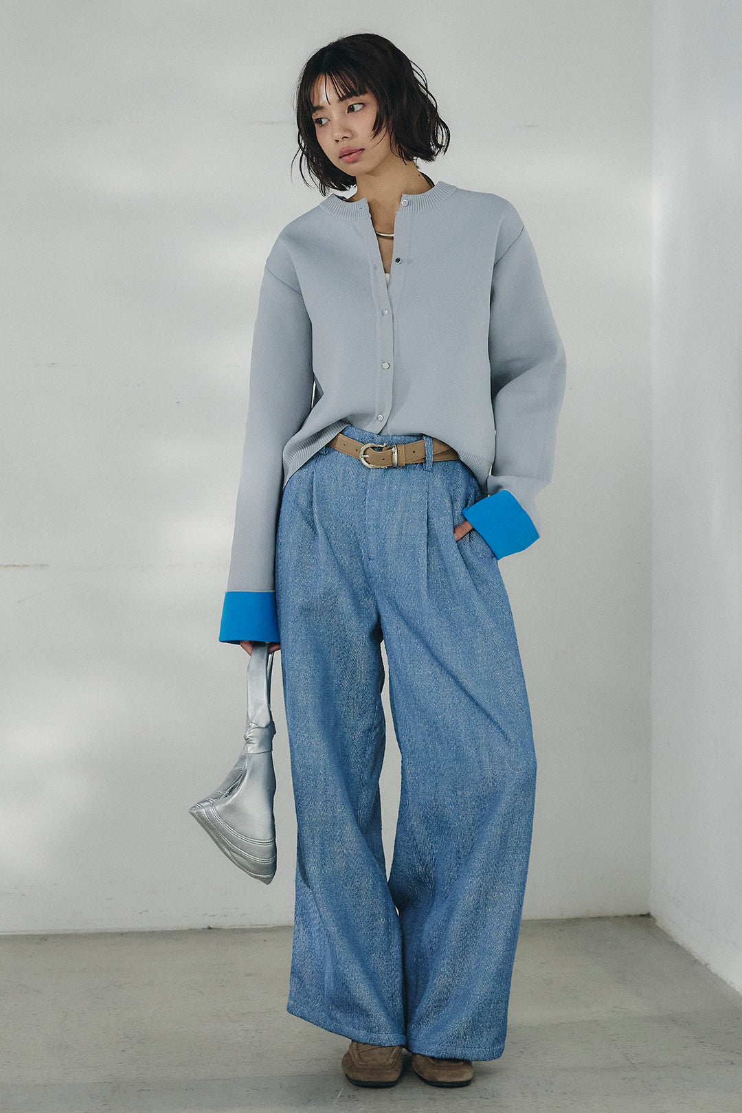 [SET]リバーシブル配色ニットカーディガン+デニムライクヘリンボーンタックパンツ(2set)