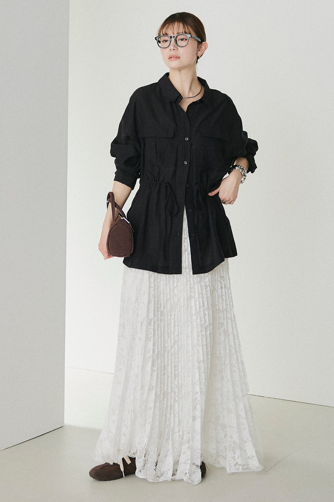 [SET]リネンブレンドシアーサファリシャツ+リラックスプリーツスカート(2set)