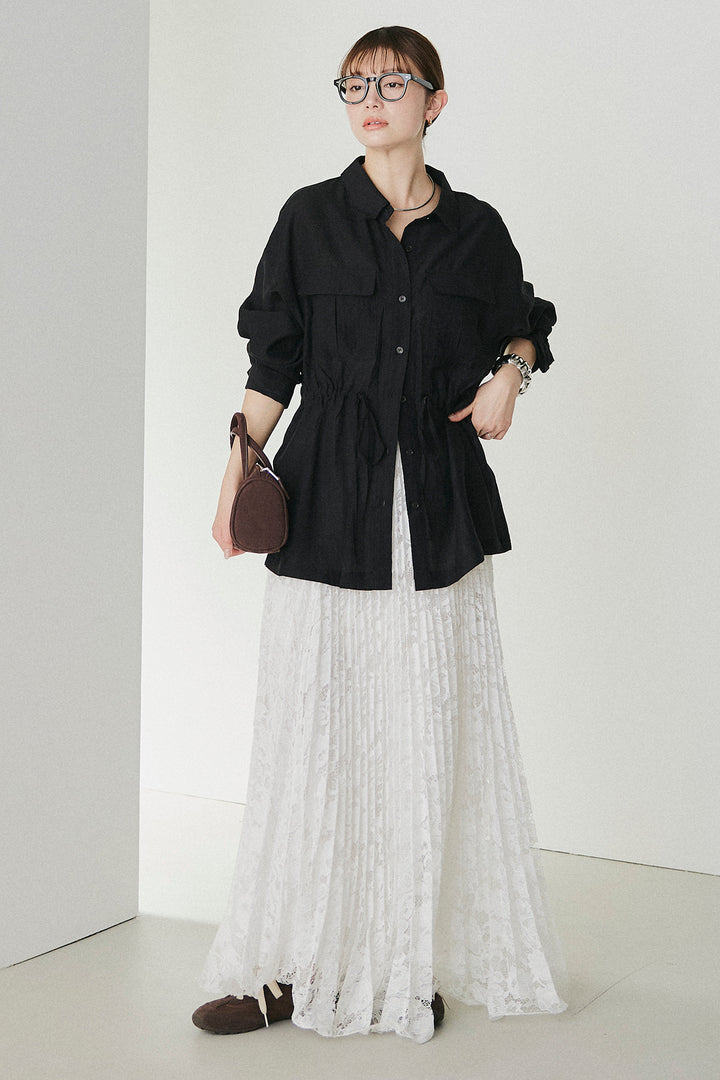 [SET]リネンブレンドシアーサファリシャツ+リラックスプリーツスカート(2set)