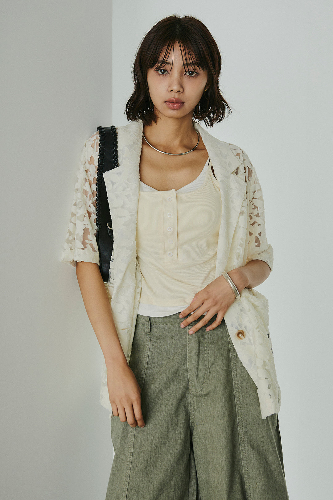 [SET]シアージャガードハーフスリーブテーラードジャケット+サイドベルトカーブワイドパンツ+配色ヘンリーネックタンクトップ(3set)