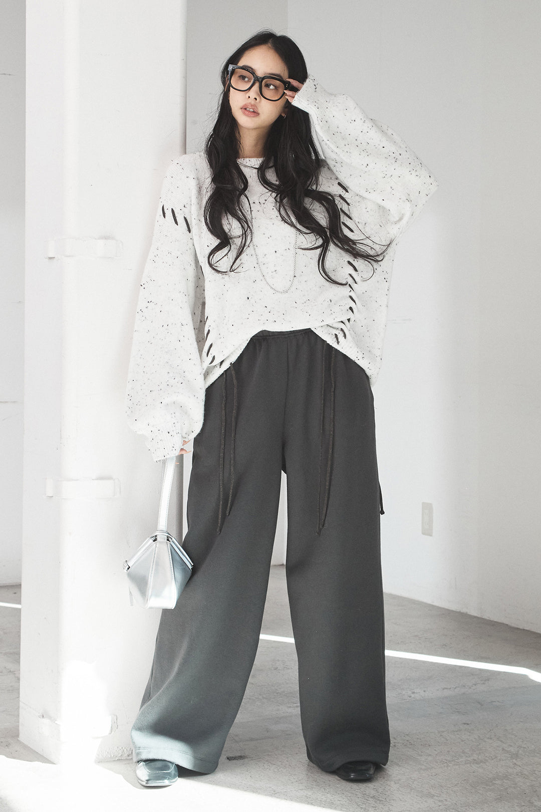 [SET]ネップ編み上げニットトップス+裏起毛スウェットワイドパンツ(2set)