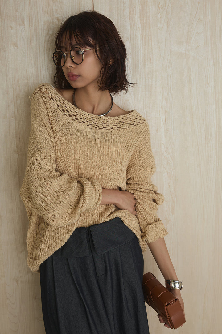 [SET]ネック編みデザインニットトップス+ウエスト折り返しワイドパンツ(2set)