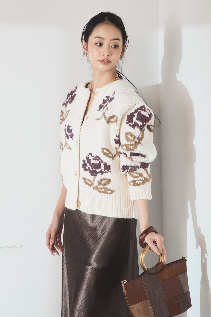 [SET]花柄ジャガードニットカーディガン+裾レースデザインサテンスカート(2set)