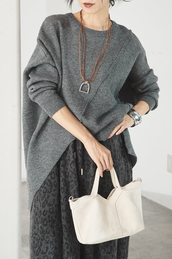 [SET]アシンメトリーデザインニットトップス+リラックスレオパード柄ワイドパンツ(2set)