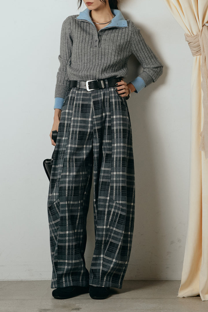 [SET]レイヤード風リブニットトップス+ベルト付きタータンチェックカーブワイドパンツ(2set)