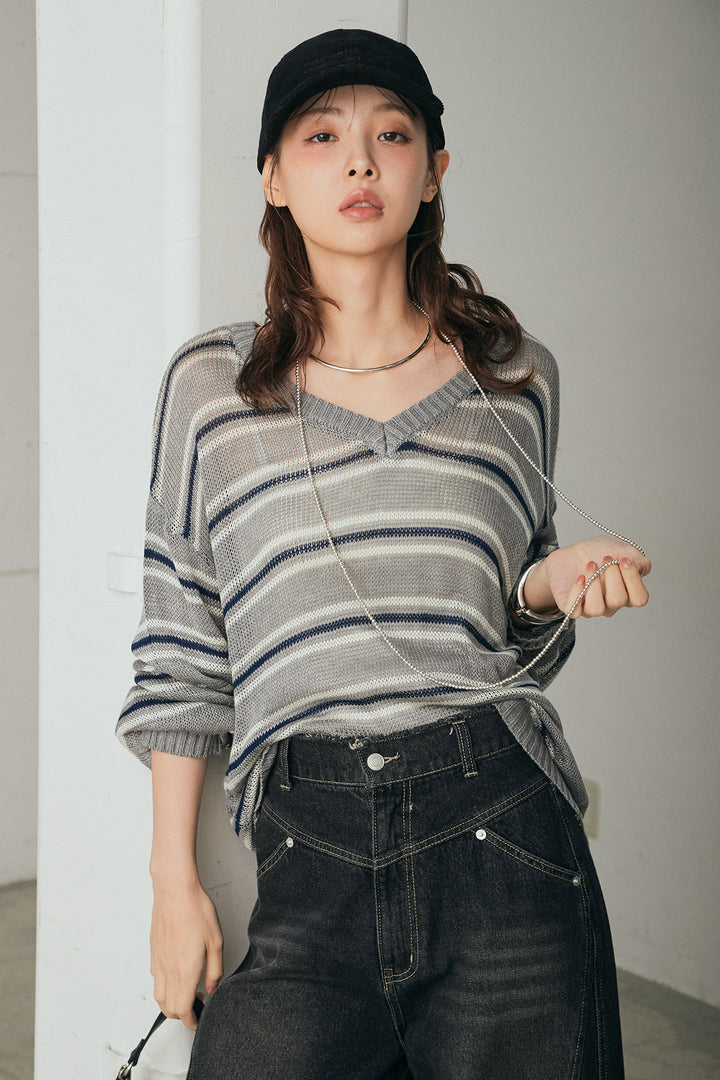 [SET]綿タッチVネックボーダートップス+デニムヨークパンツ(2set)