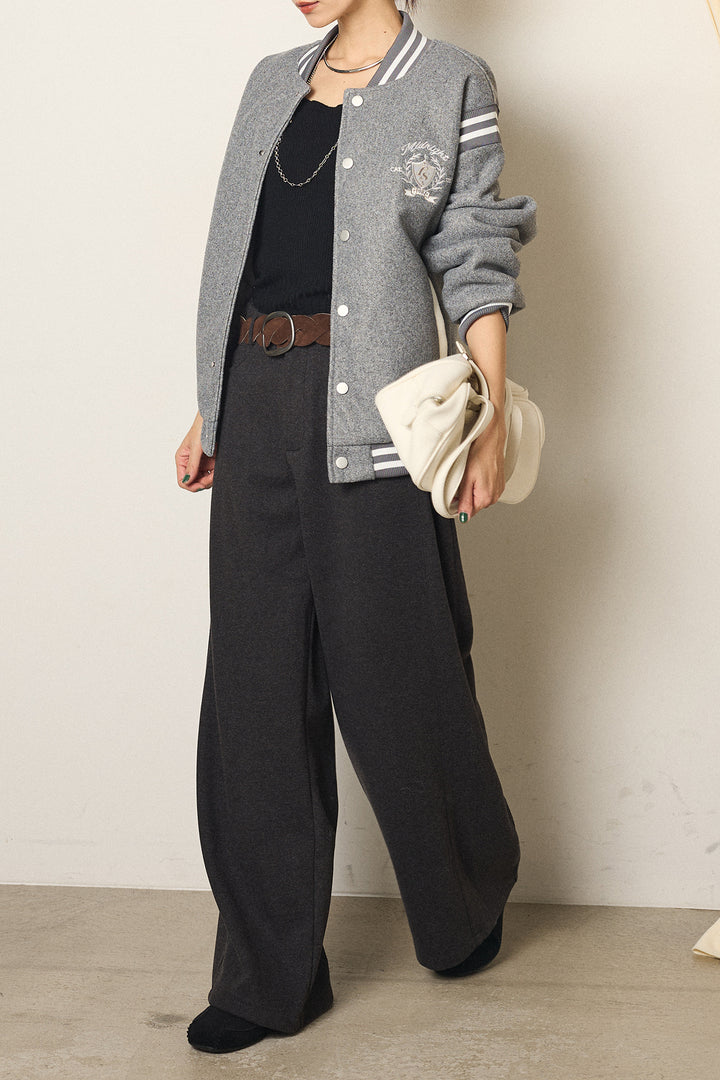 [SET]ワンポイントデザインブルゾン+編みベルト付きワイドパンツ(2set)