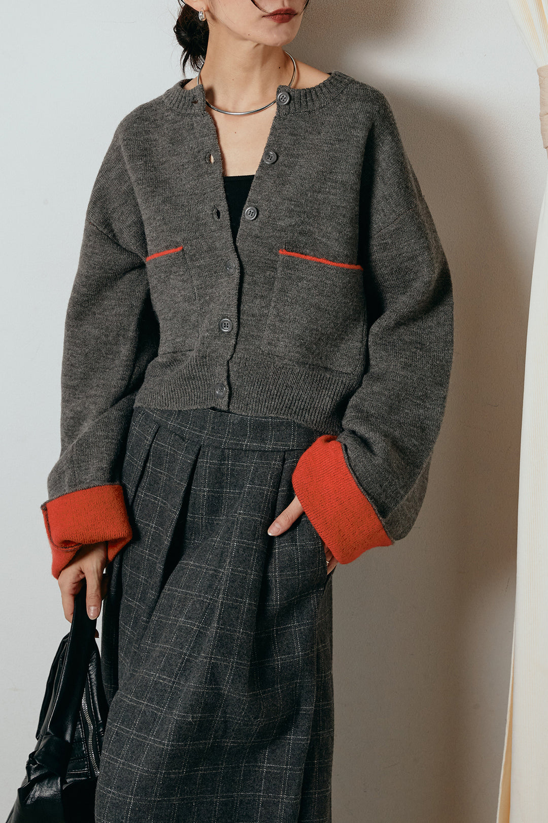 [SET]アルパカタッチダブルフェイスカーディガン+ウールライクチェックタックパンツ(2set)