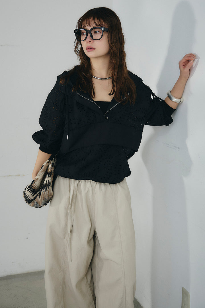 [SET]レースハーフジップアップフーディー+フェイクレザーカーブワイドパンツ(2set)