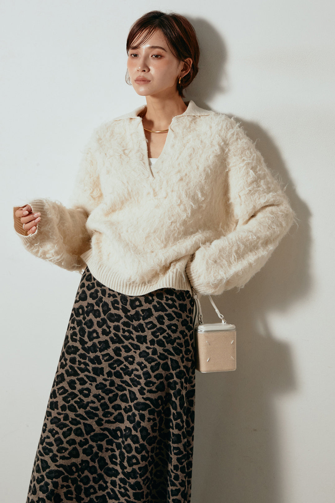 [SET]襟付きシャギーニットポロトップス+レオパードロングスカート(2set)