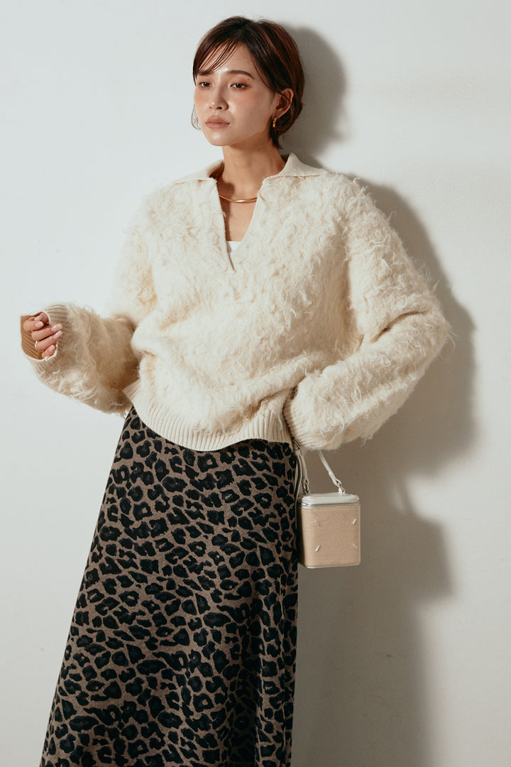 [SET]襟付きシャギーニットポロトップス+レオパードロングスカート(2set)