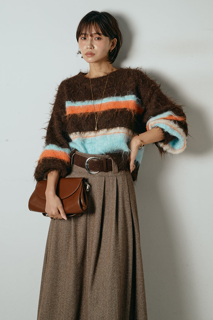 [SET]起毛配色マルチボーダーニットトップス+太ベルト付きヘリンボーンプリーツスカート(2set)