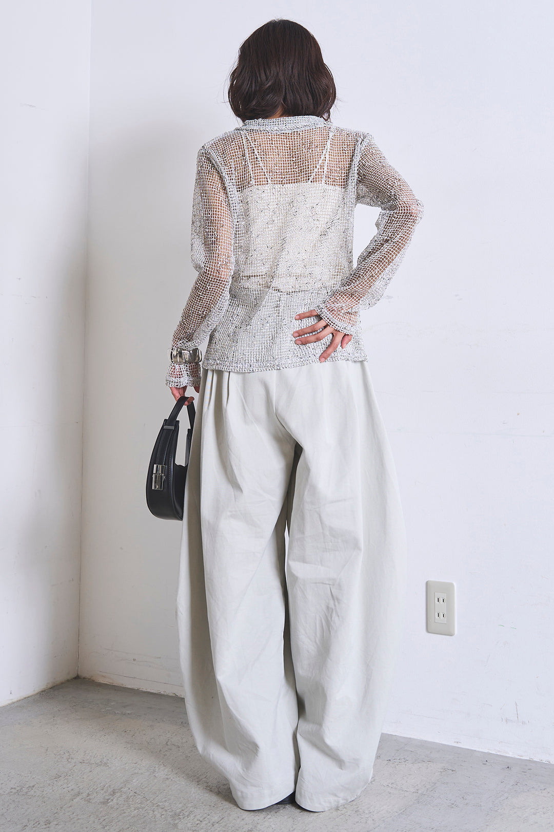 [SET]ネップメッシュポロ襟カーディガン+紐ベルト付きカーブワイドパンツ(2set)