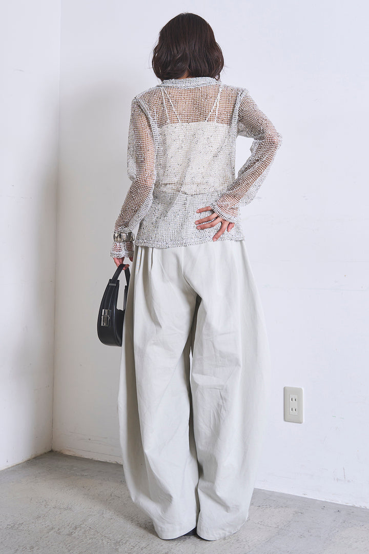 [SET]ネップメッシュポロ襟カーディガン+紐ベルト付きカーブワイドパンツ(2set)