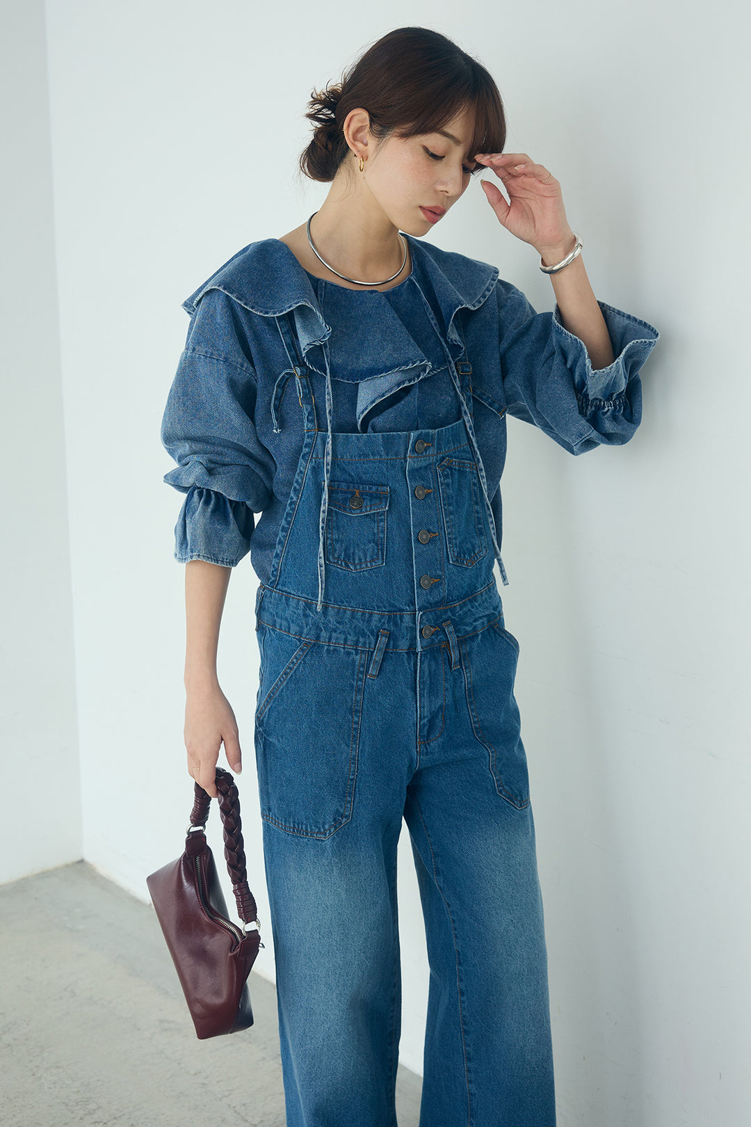 [SET]デニムフリルブラウス+デニムサロペットワイドパンツ(2set)