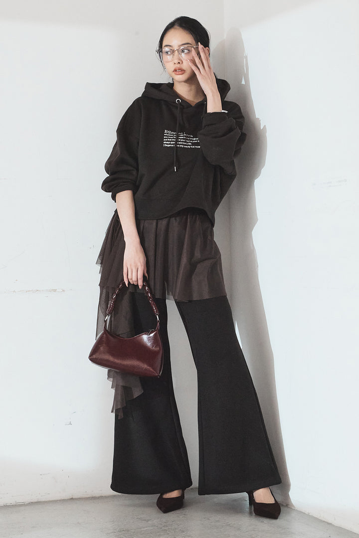 [SET]裏起毛レタリング刺繍フーディショートプルオーバー+チュールレイヤードニットパンツ(2set)