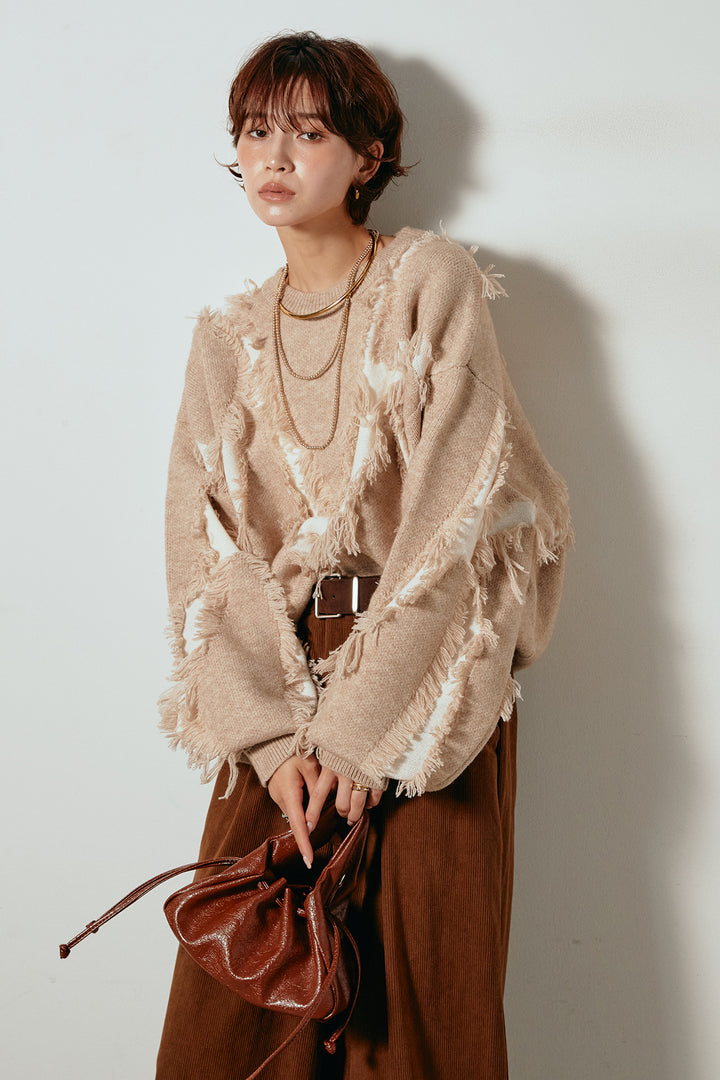 [SET]シャギージャガードニットトップス+太ベルト付きコーデュロイタックパンツ(2set)