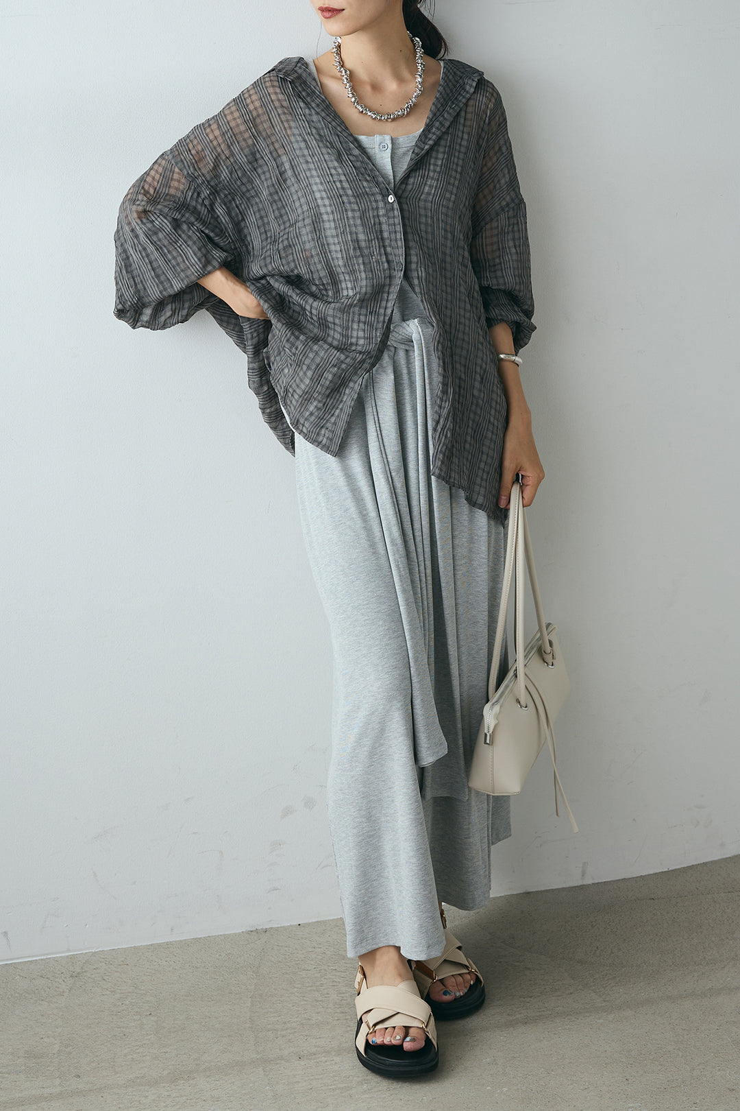[SET]シアーマルチチェック柄シャツ+ウエスト巻きリブロングワンピース(2set)