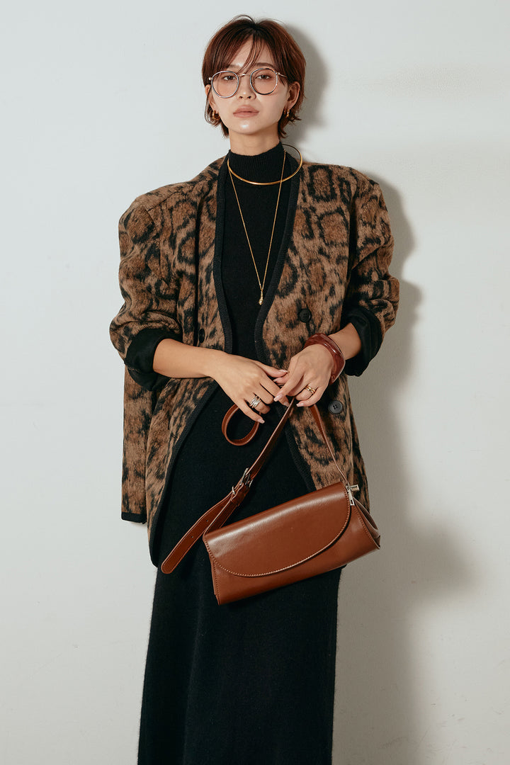 [SET]ノーカラーレオパード柄アウター+ノースリーブニットロングワンピース(2set)