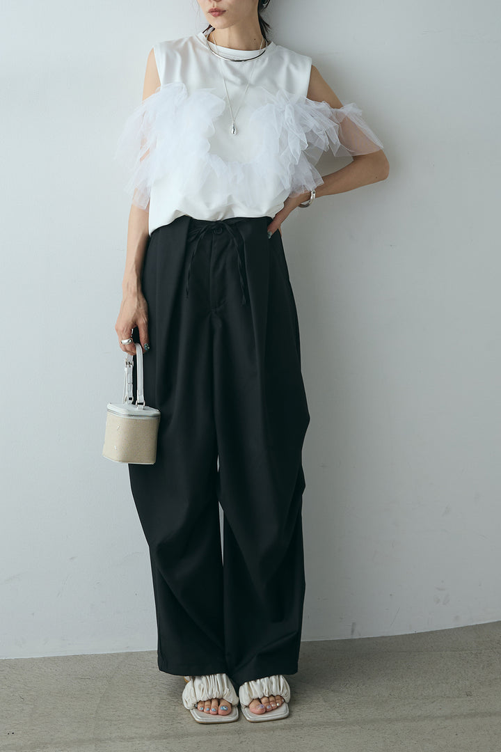 [SET]天竺チュールドッキングTシャツ+デザインタックパンツ(2set)